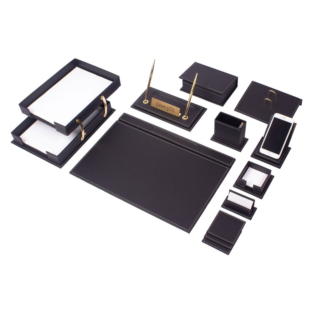 Vega Leather Desk Set 14 Accessories, Black Leather Office Organizers